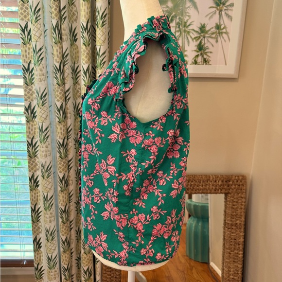 JCREW Floral Sleeveless Ruffle Top Green Pink Button Up Vneck Flutter Sleeve - Picture 6 of 8